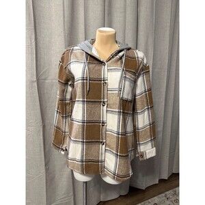 Chicme Womens Plaid Flannel Shirt Jacket Hooded Sherpa Lined Tans & Cream Sz L